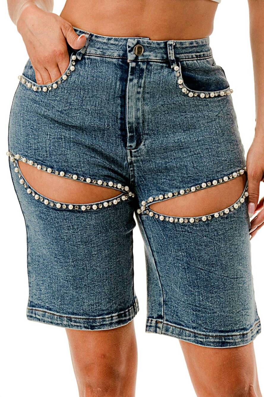 NEW SALT embellished pearl denim shorts in blue
